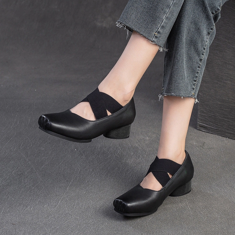 Comfy Casual Shoes Women Retro Leather Cross Strap Low Block Casual Shoes
