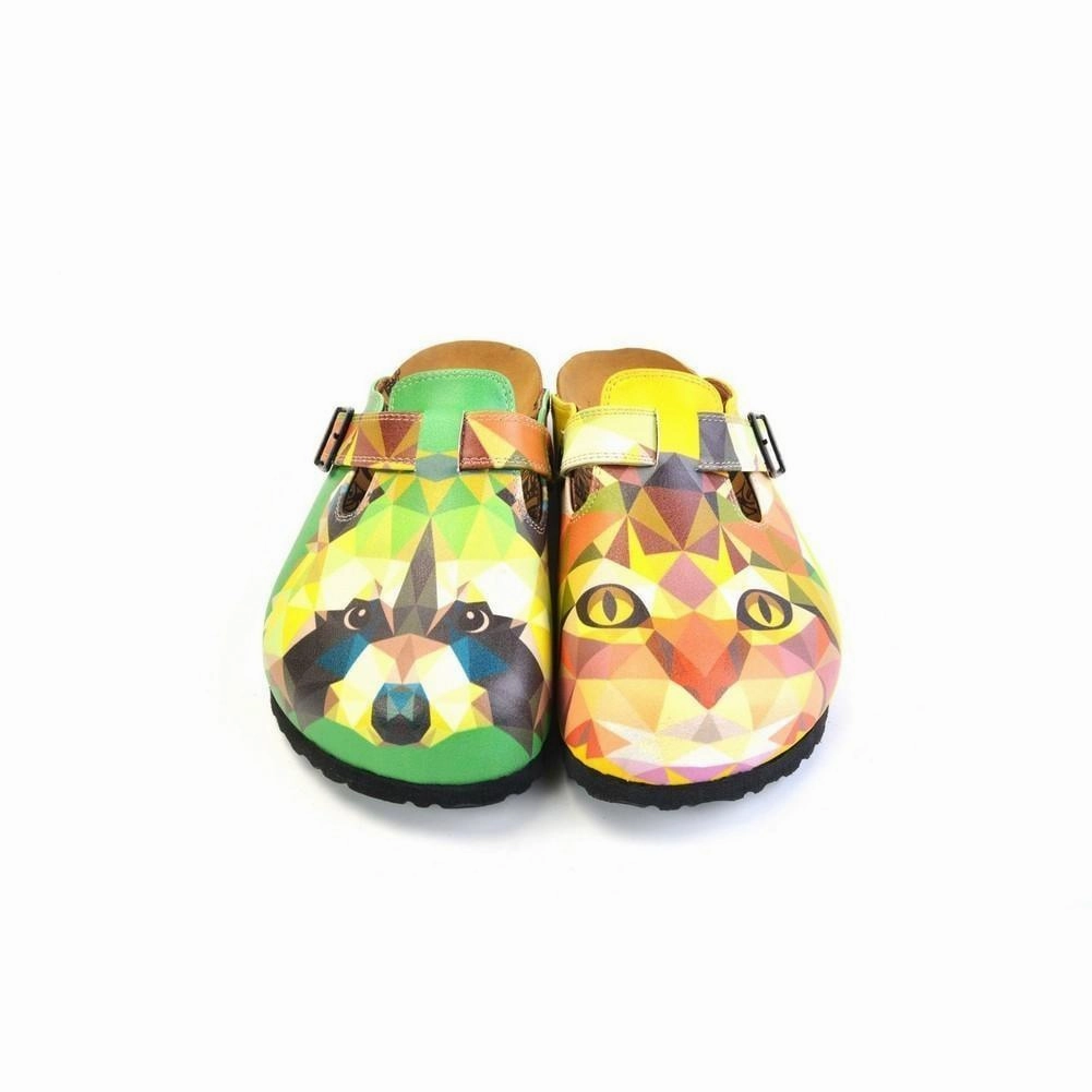 High Heel Locks Green and Yellow Colored, Polygon Patterned Dog and Cat Patterned Clogs - WCAL366