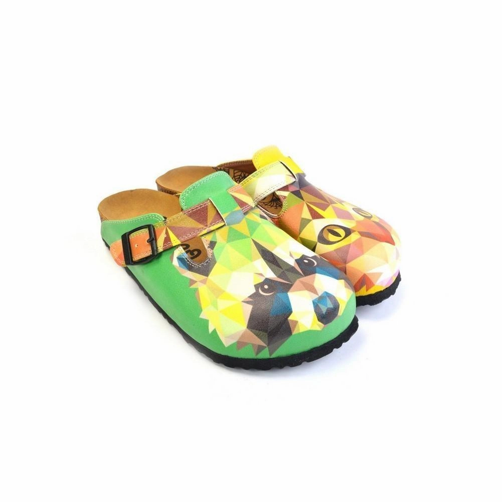 High Heels For Girl Green and Yellow Colored, Polygon Patterned Dog and Cat Patterned Clogs - WCAL366