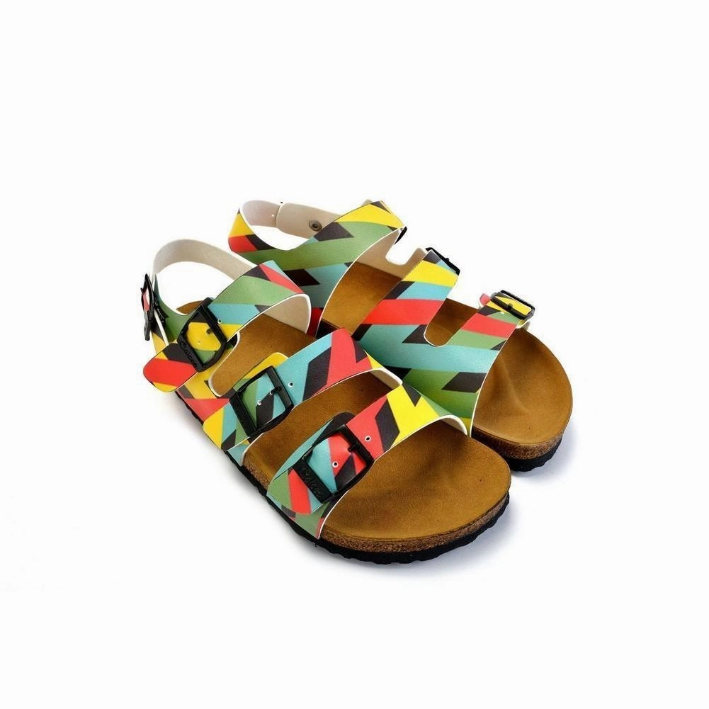 High Heels Mature Green, Yellow, Black, Blue Colored Strip Patterned Clogs - CAL1901