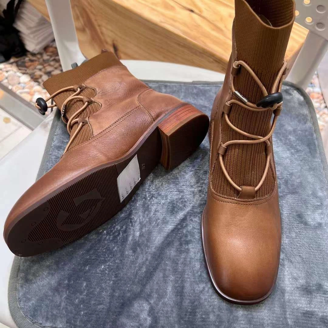 Vintage Western Boots Handcrafted Women Genuine Leather Boots Ankle Square Heels Brown Punk Goth Lace Up Handmade Round Toe Big Size 5 AU/36 EU Shoes Woman