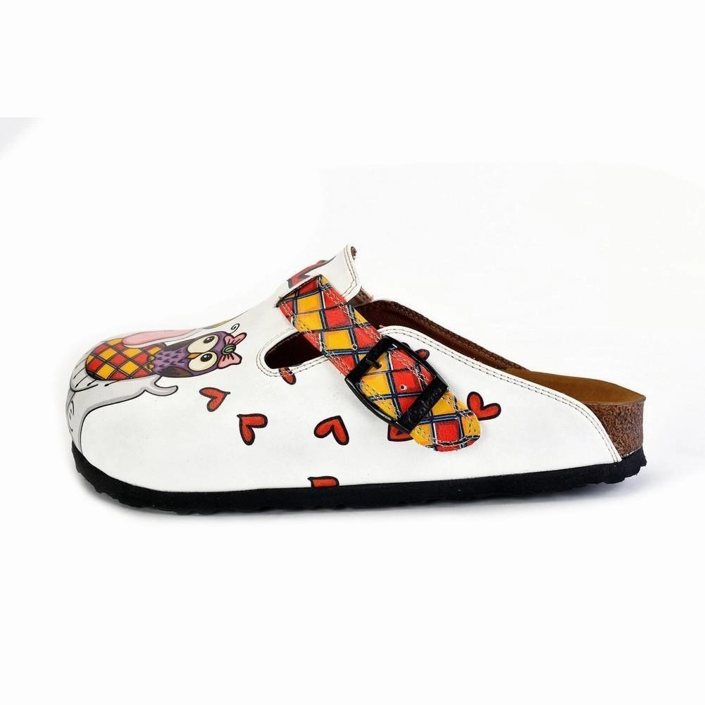 High Heel Bow Shoes Red and Yellow Square Patterned, Sleeping Owl and Grey Elephant Patterned Clogs - WCAL370