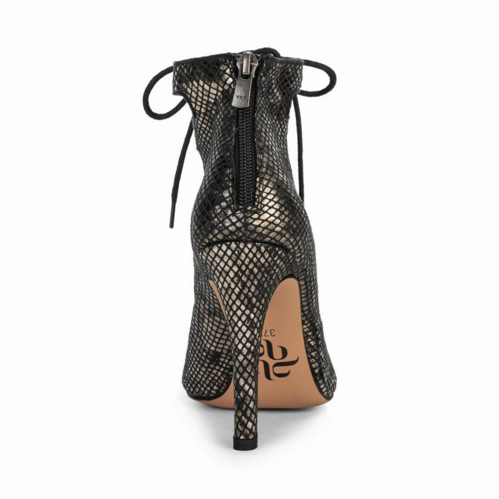 Luciana - Lace Up Metallic Black Snake Print Open Toe Bootie (Street Sole) History About High Heels