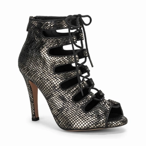 High Heels Bedroom Luciana - Lace Up Metallic Black Snake Print Open Toe Bootie (Street Sole)