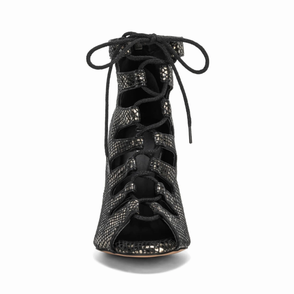 Pornstar High Heels Luciana - Lace Up Metallic Black Snake Print Open Toe Bootie (Street Sole)
