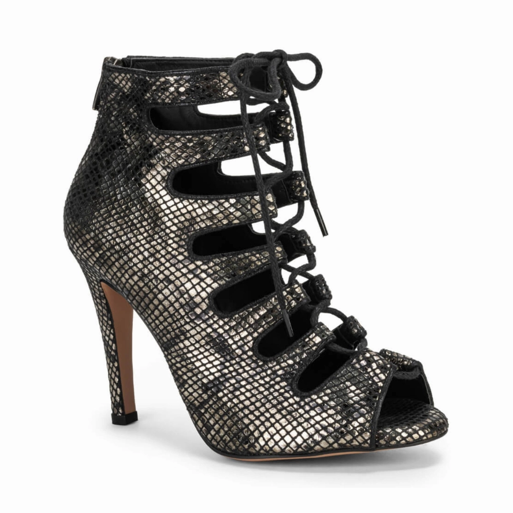 Luciana - Lace Up Metallic Black Snake Print Open Toe Bootie (Street Sole) High Heel Shoe Svg