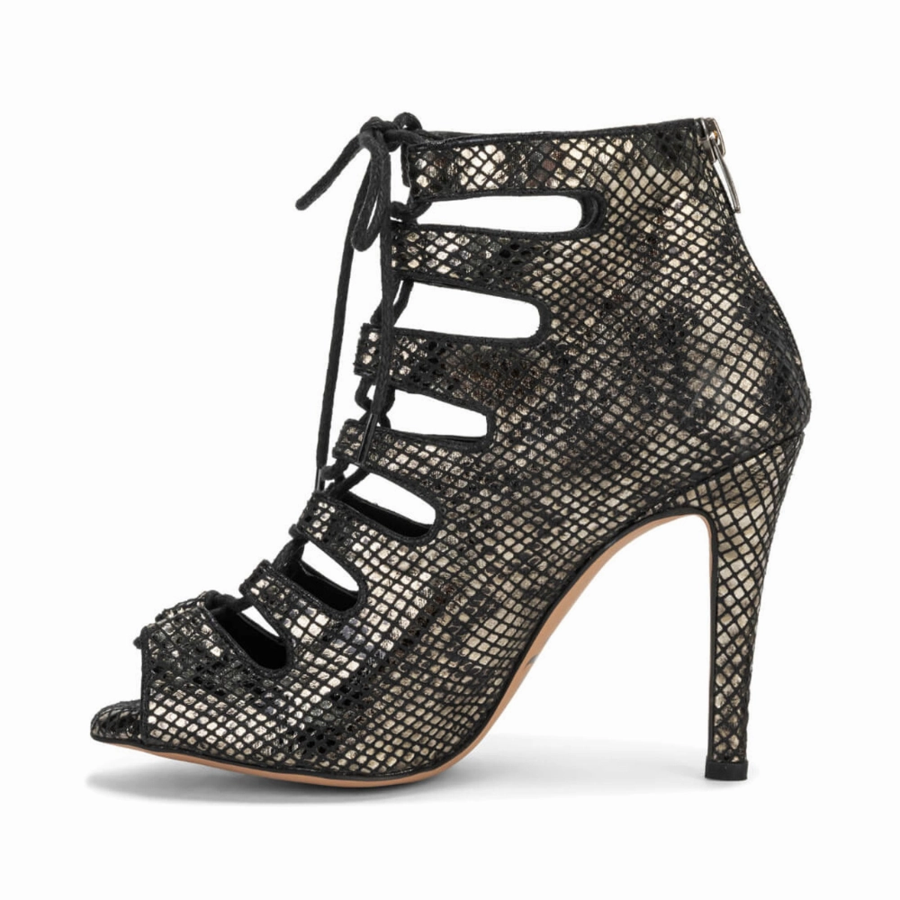 Aoc High Heels Luciana - Lace Up Metallic Black Snake Print Open Toe Bootie (Street Sole)