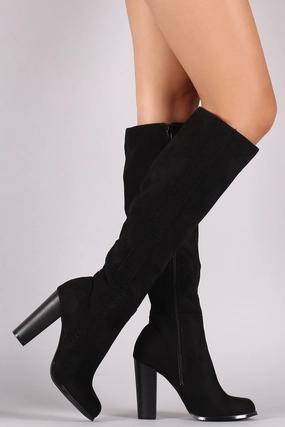 Suede Perforated Trim Chunky Heeled Knee High Boots High Heels And Short Dress