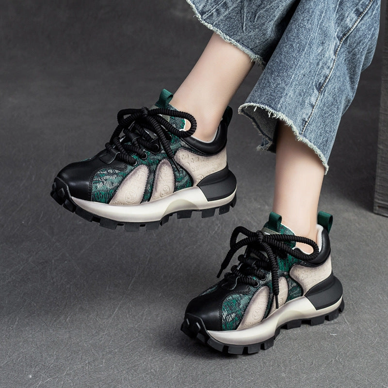 Closed Toe Shoes Business Casual Women Fashion Color Matching Leather Lug Sole Casual Shoes