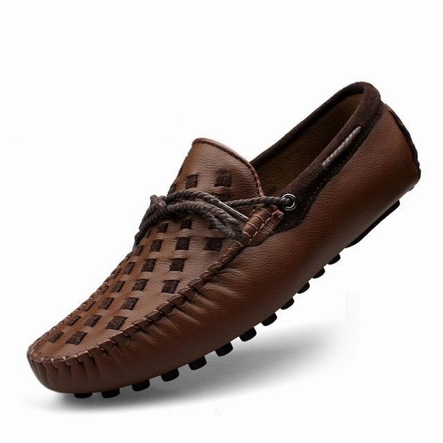 Leather Men Shoes Casual Flats Men Shoes Breathable Loafers Genuine Leather Slip Moccasins Comfortable Checkered embossing 2019