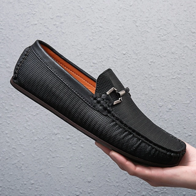Leather Men Shoes Casual Flats Men Shoes Breathable Loafers Genuine Leather Slip Moccasins Comfortable Checkered embossing 2019