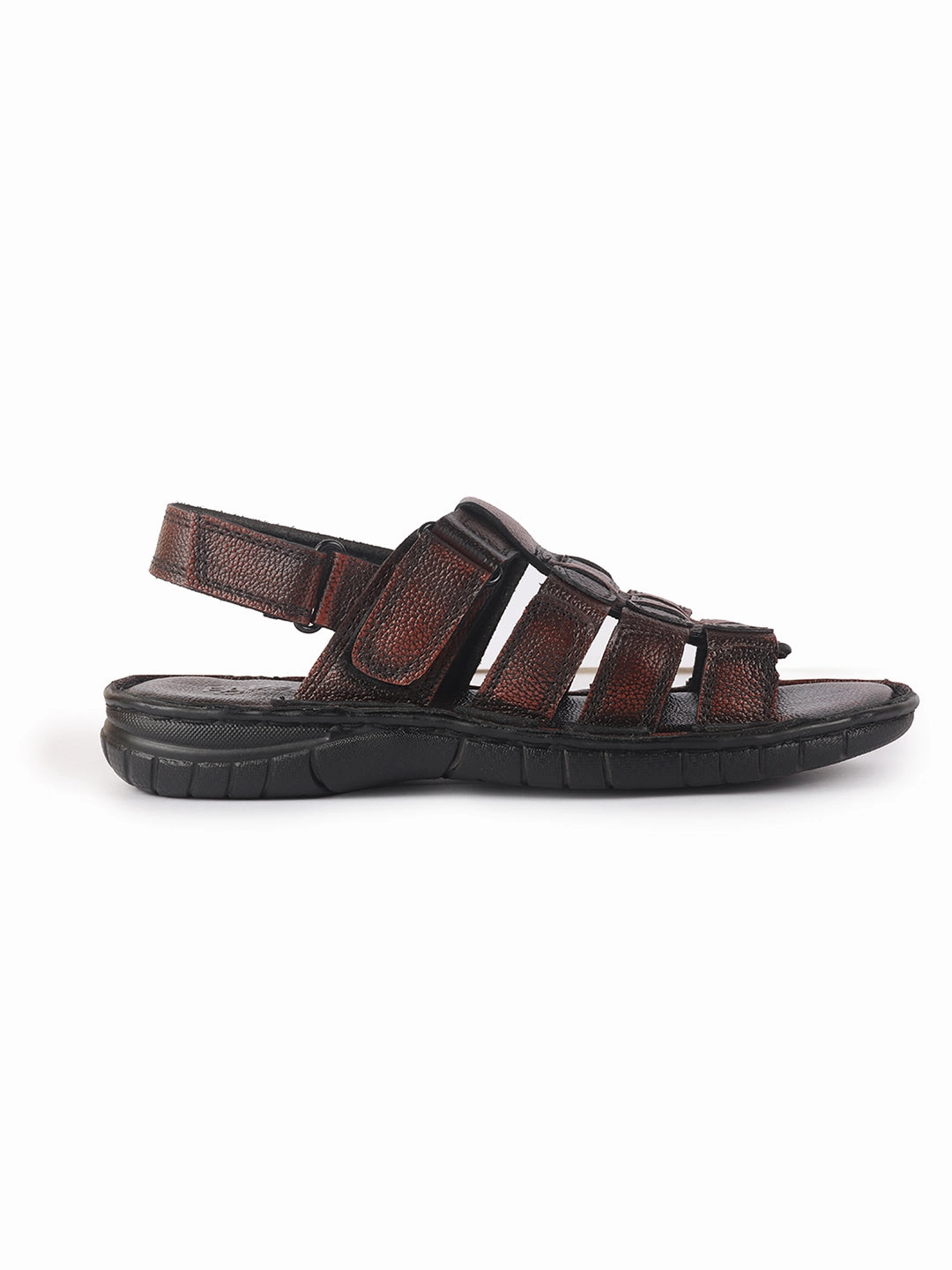 Men Brown Genuine Leather Multi Strap Open Toe Broad Feet Roman Sandals with Adjustable Back Strap|All Day Comfort with Cushioned Footbed|Slip Resistant Lightweight Sole Sandals With Back Strap