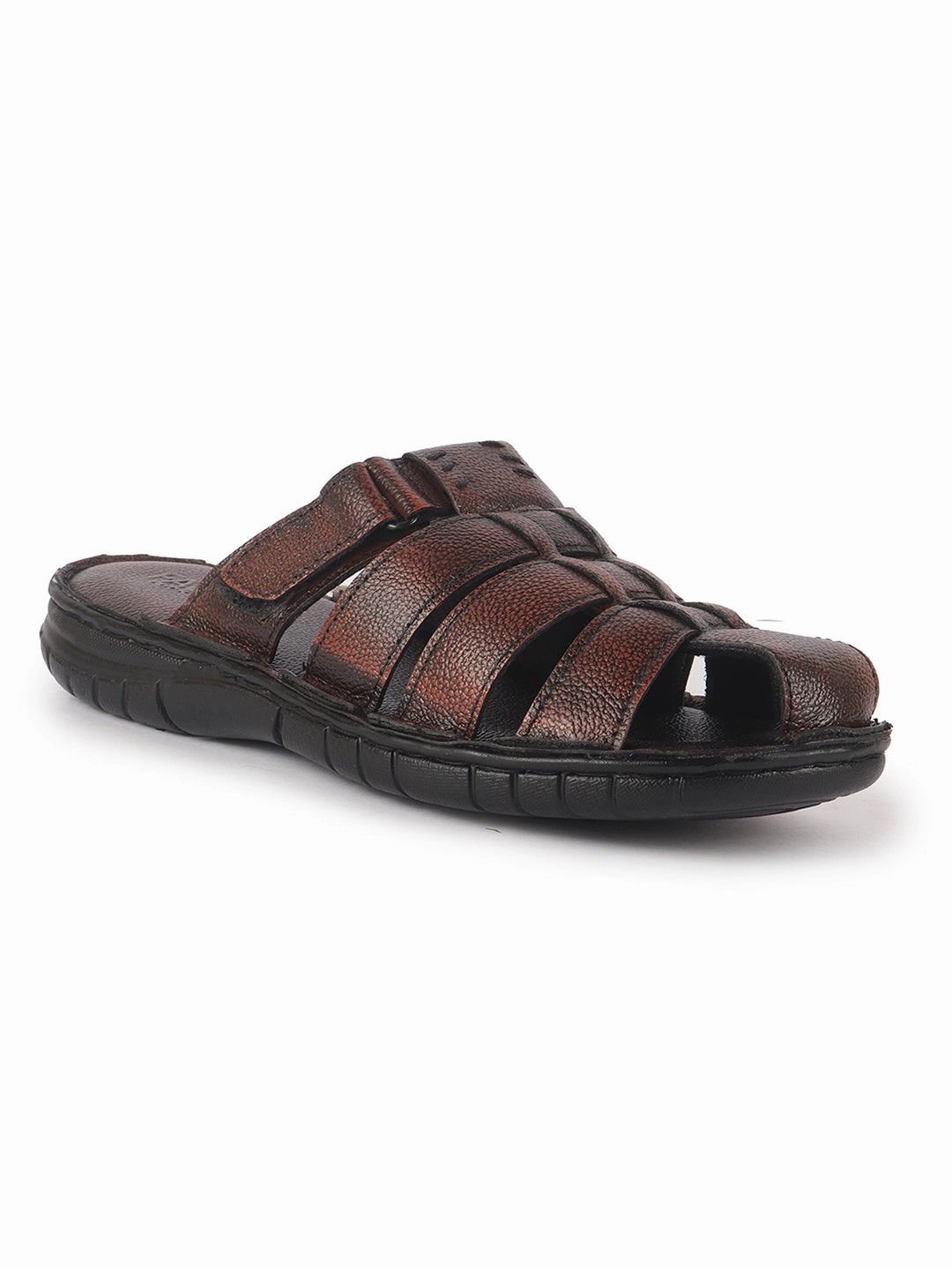 White Slide Sandals Men Brown Genuine Leather Multi Strap Closed Toe Broad Feet Slip On Slippers with Adjustable Strap|Roman Sandals with Cushioned Footbed For Comfort|Anti Skid Lightweight Sole