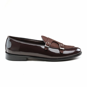 Slip On Tan Sandals The Brat Army Oban Brown  Patent Double Monk Slip Ons