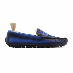 Nuku - Men's Burnish Blue Calf And Hand Woven Calf Leather Driver Shoe Casual Leather Dress Shoes