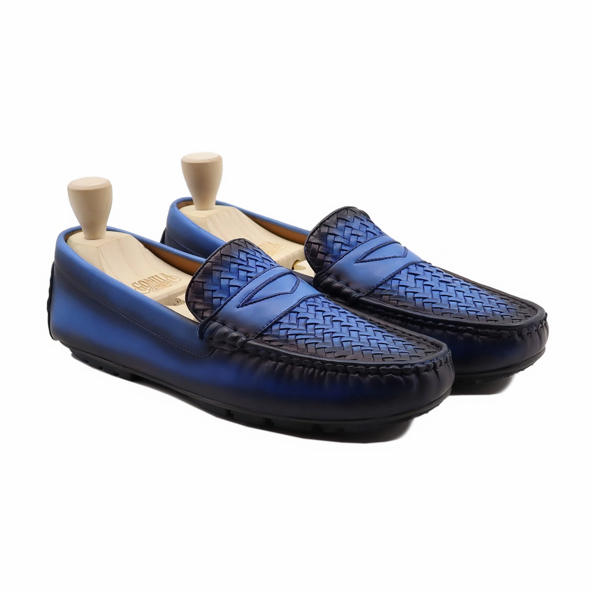 Emporio Armani Casual Shoes Nuku - Men's Burnish Blue Calf And Hand Woven Calf Leather Driver Shoe