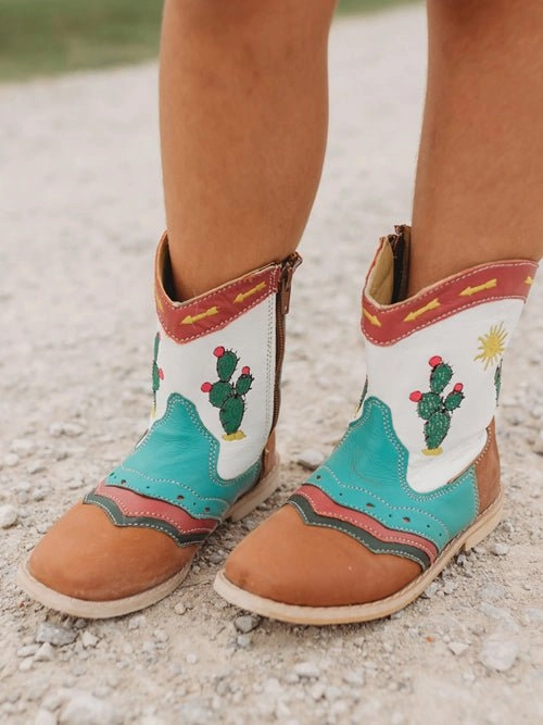 Chore Boots Pecos Neon Cactus Charm Kids Leather Cowboy Boots - Easy Zip Toddler Western Boots with Embroidered Cowgirl Design