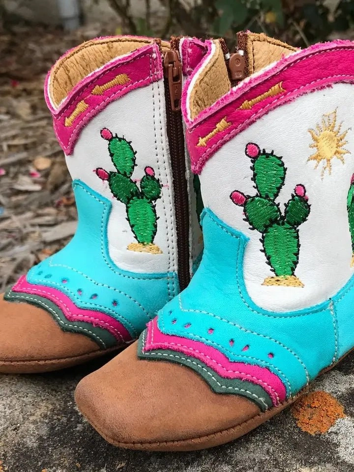 Pecos Neon Cactus Charm Kids Leather Cowboy Boots - Easy Zip Toddler Western Boots with Embroidered Cowgirl Design Leather Boots Knee High