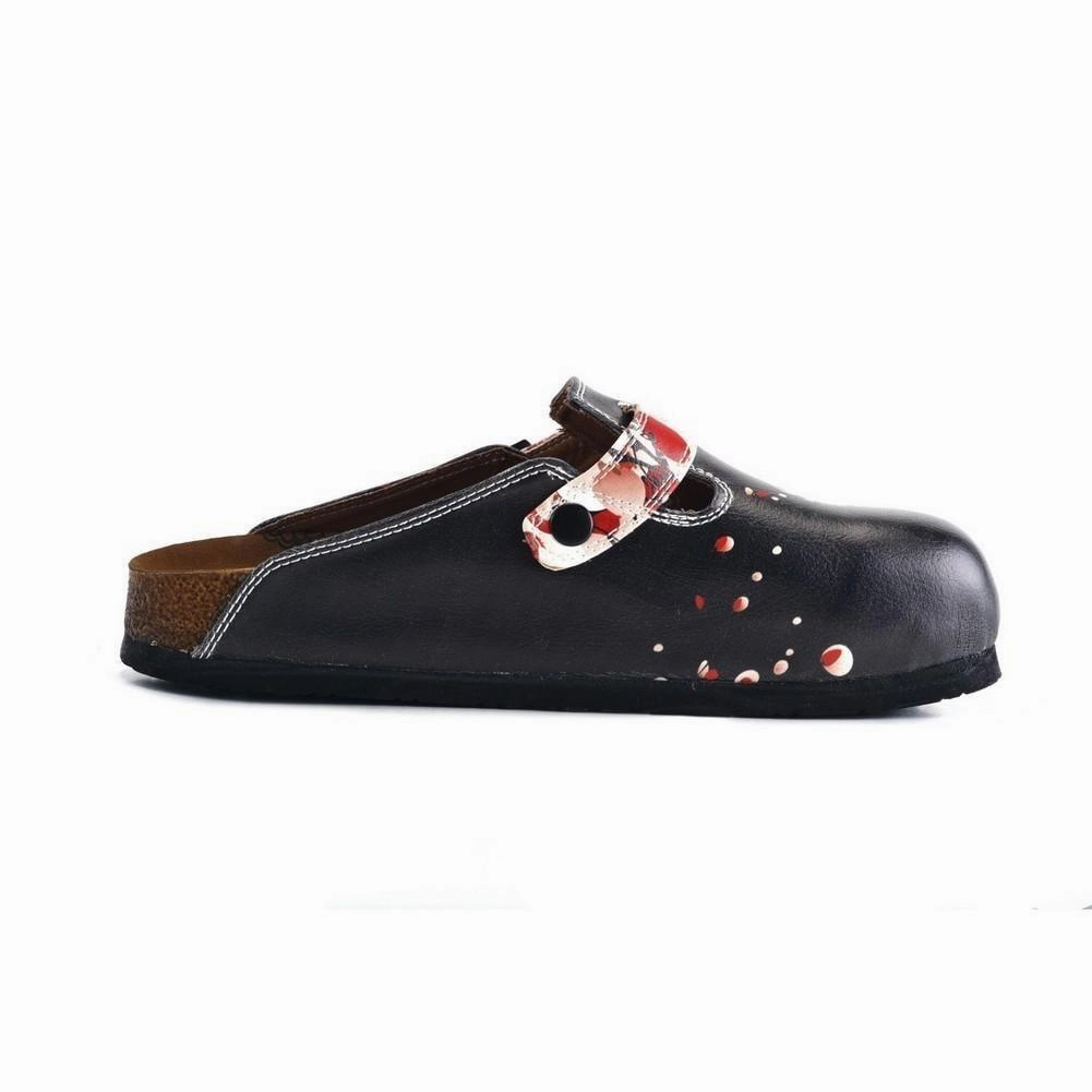 High Heel Knee Boots Black and White, Red Flowers Patterned Clogs - WCAL359