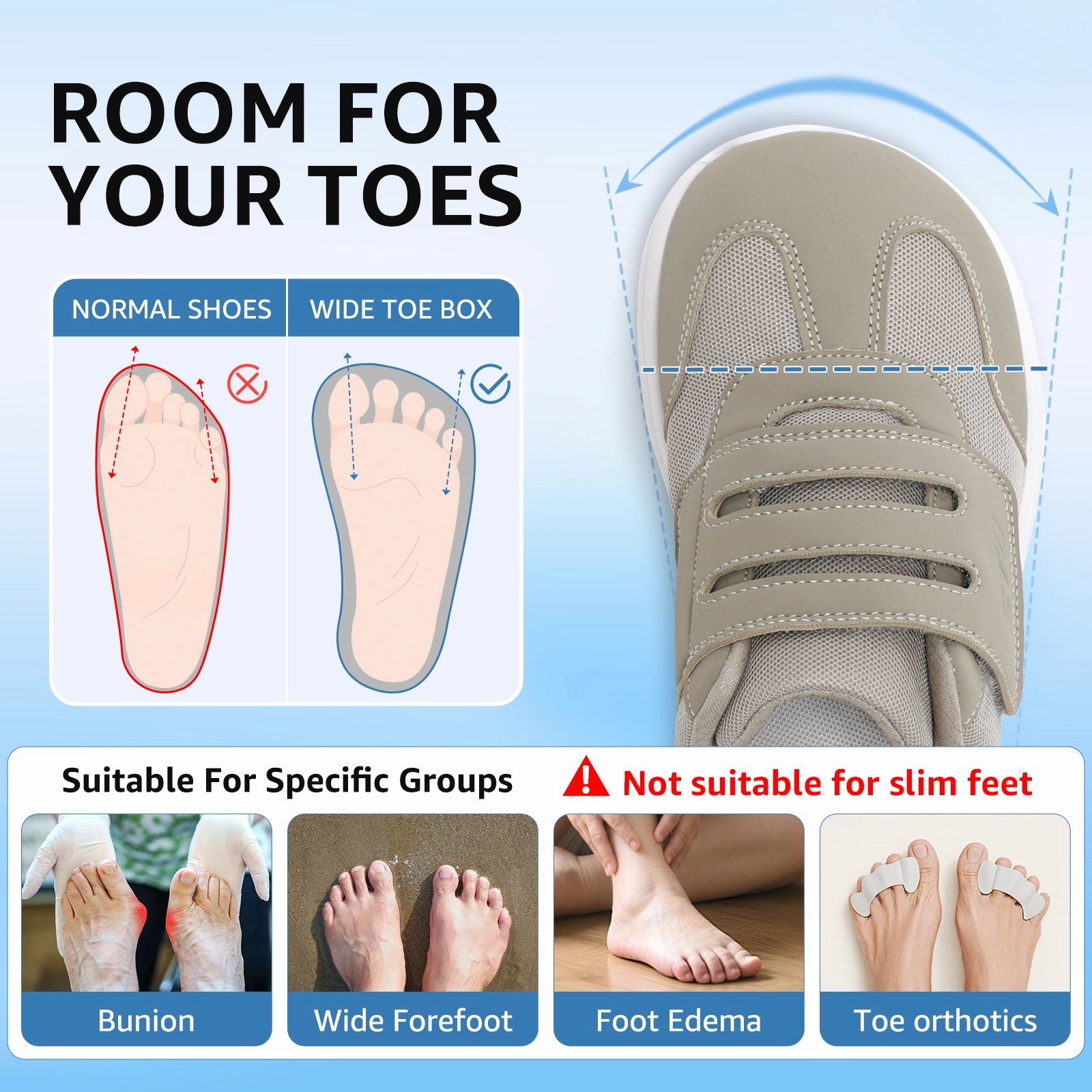 STQ Wide Toe Box Shoes Women, Hook and Loop Orthopedic Walking Shoe for Seniors, Bunions, Plantar Fasciitis, Hammertoes, Swollen Feet