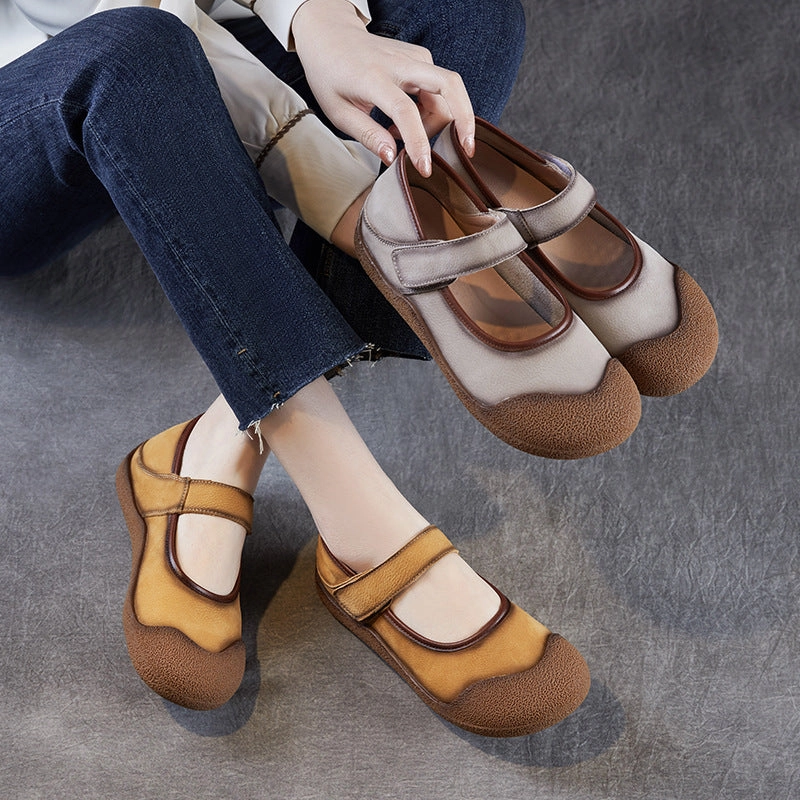 Casual Fall Shoes Women Retro Leather Low Top Casual Velcro Shoes