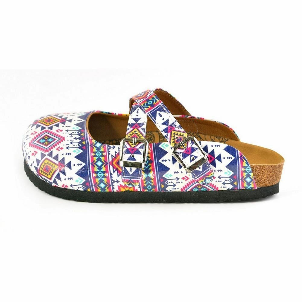 Small Heel High Heels Pink, Blue, White Colored Geometric Patterned Clogs - WCAL166