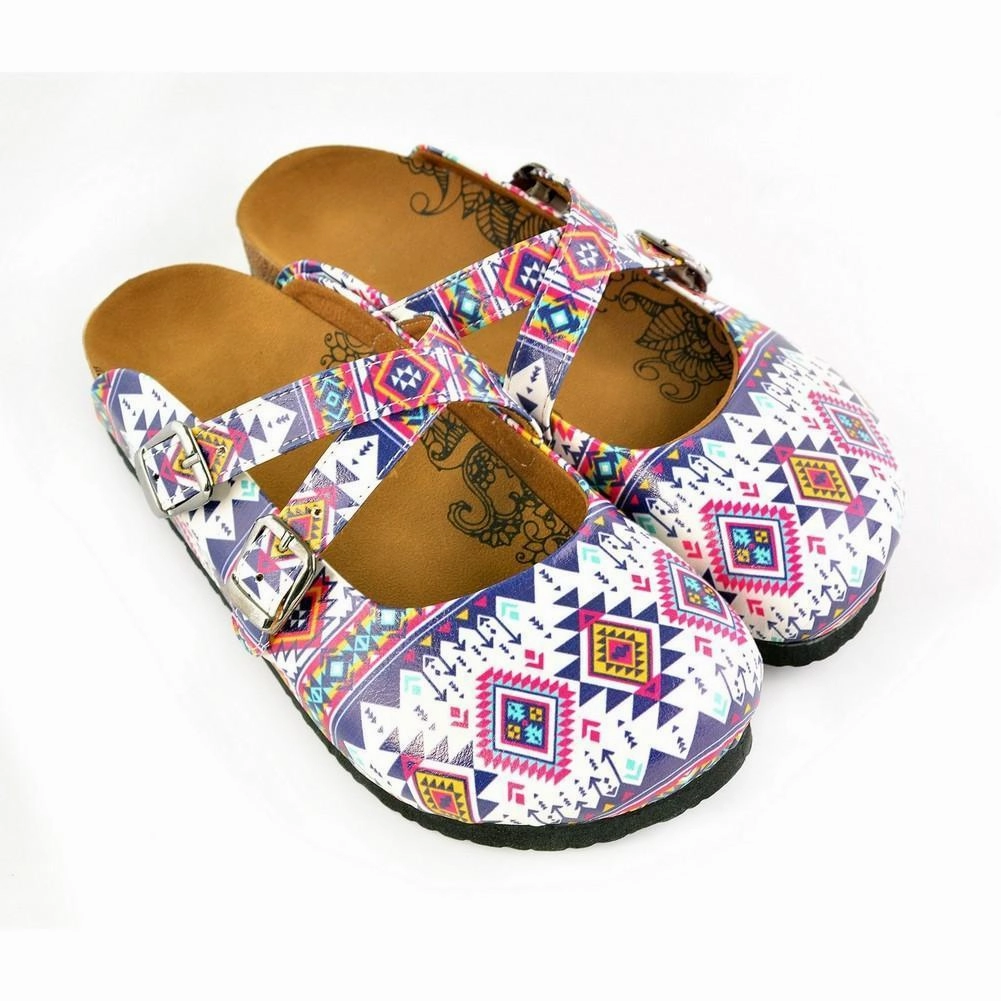 High Heels Footwear Images Pink, Blue, White Colored Geometric Patterned Clogs - WCAL166