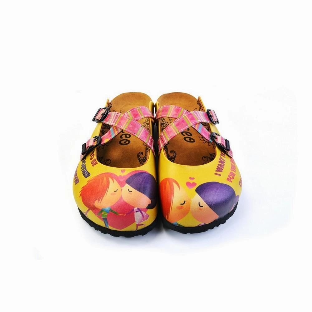 High Heels With Thick Pink, Green Striped, Yellow Pattern Kiss Child Patterned Clogs - WCAL170