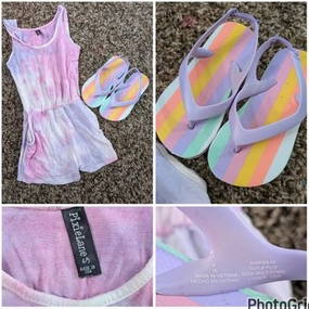 Breaking In Flip Flops PixieLane Tie Dye Romper   Matching Flip Flops Romper size 4/5, flip flops size 8 4T