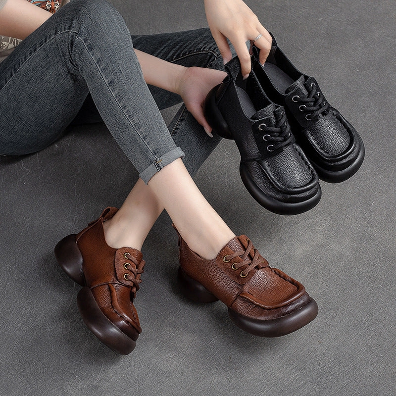Breathable Business Casual Shoes Women Retro Soft Leather Thick Soled Casual Shoes