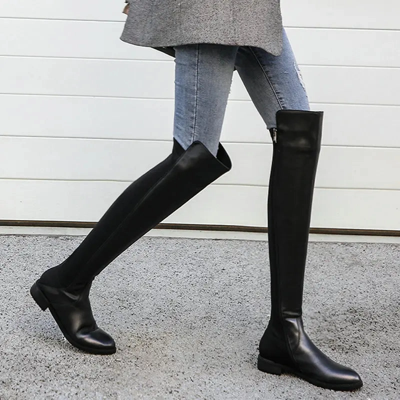 Oc Boots QUTAA Low Heel Women Shoes Genuine Leather Over The Knee High Boots Winter Shoes Platform Zipper Women Boots Size 34-40