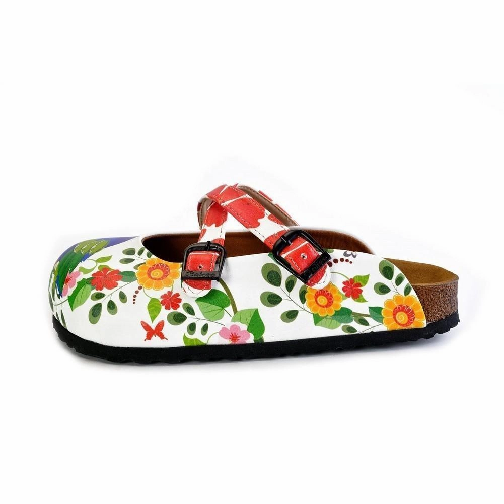 Platform Bottom High Heels Red Hearted and Colored Flowers and Yellow, Blue Birds Patterned Clogs - WCAL179
