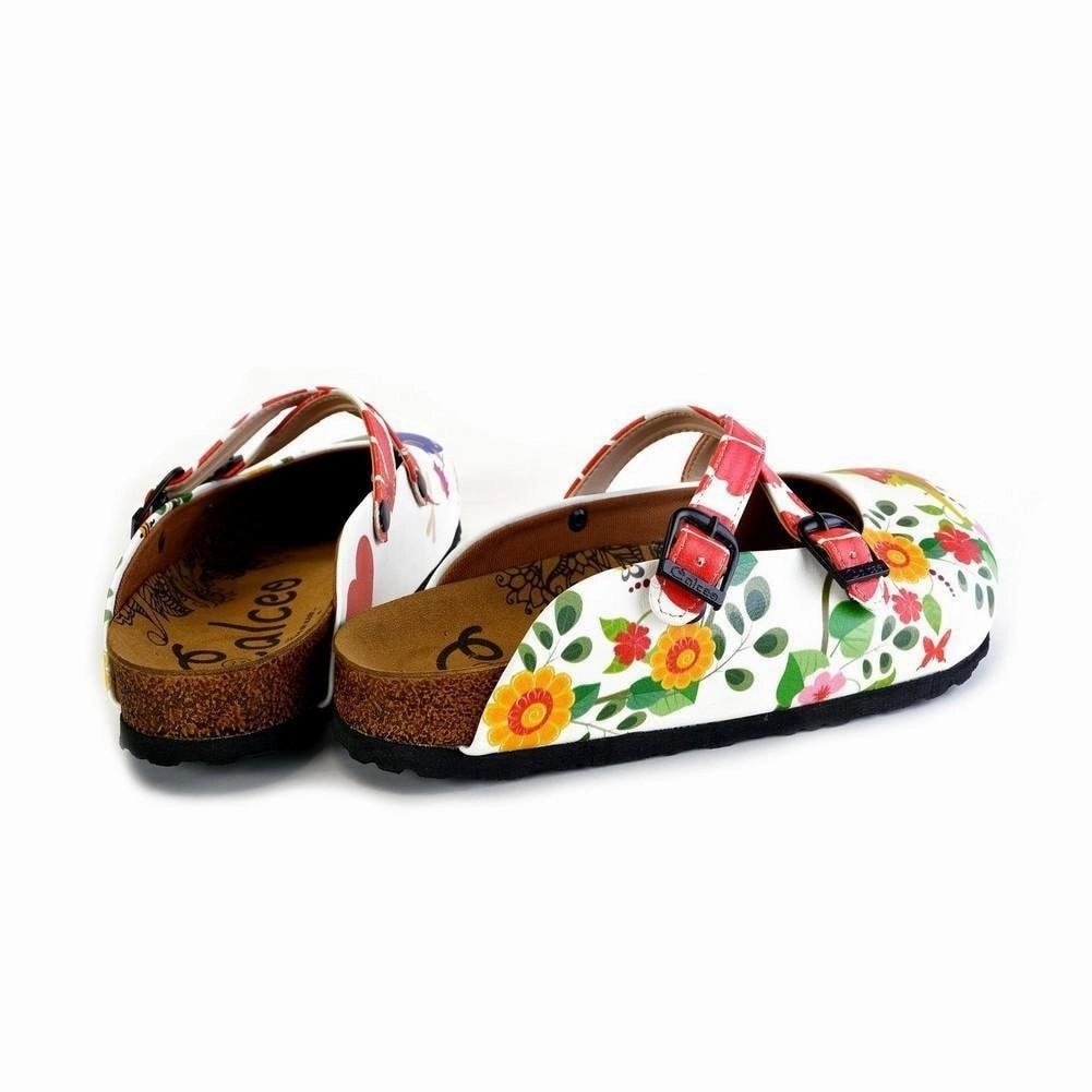 Red Hearted and Colored Flowers and Yellow, Blue Birds Patterned Clogs - WCAL179 Frye High Heels
