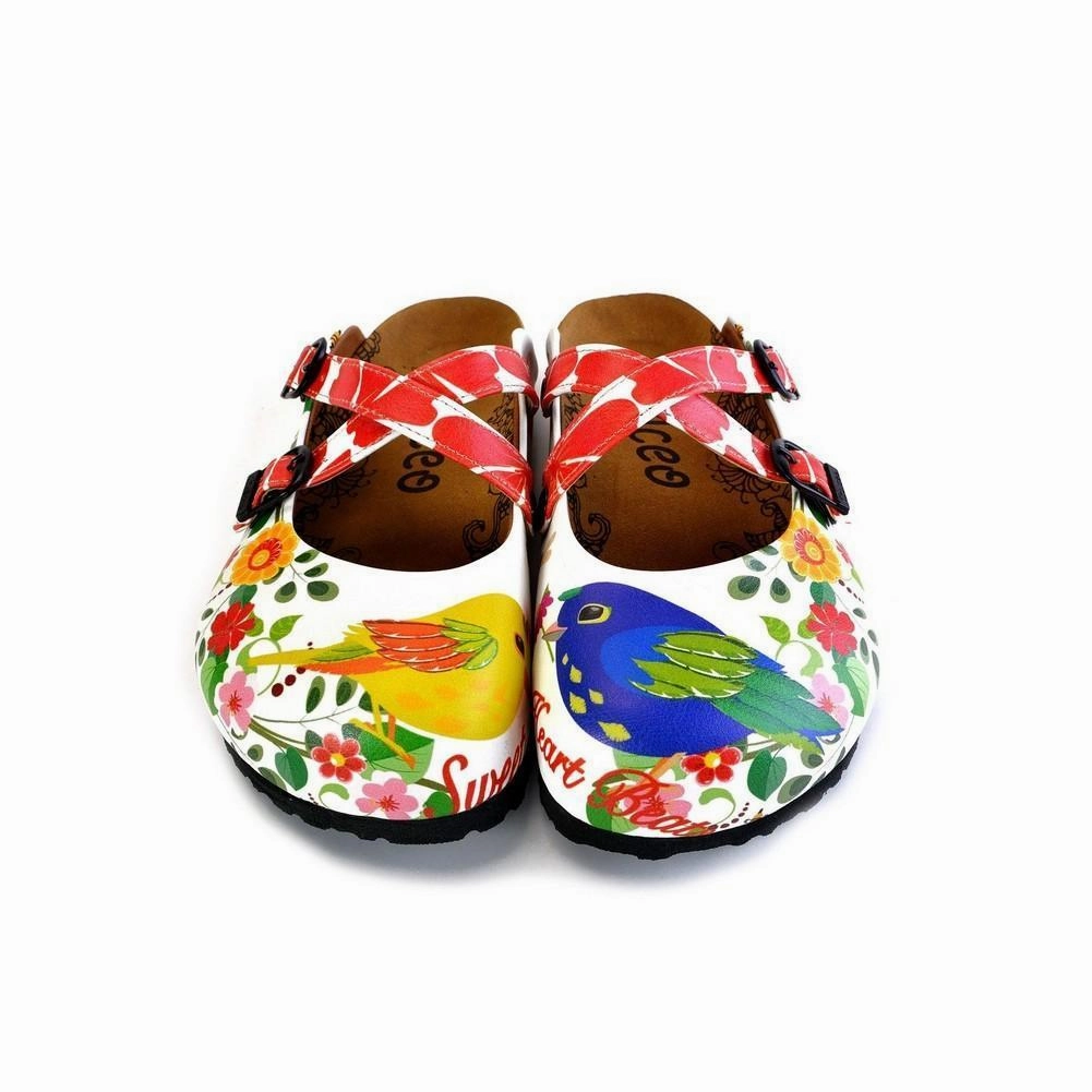 High Heels Insertion Porn Red Hearted and Colored Flowers and Yellow, Blue Birds Patterned Clogs - WCAL179
