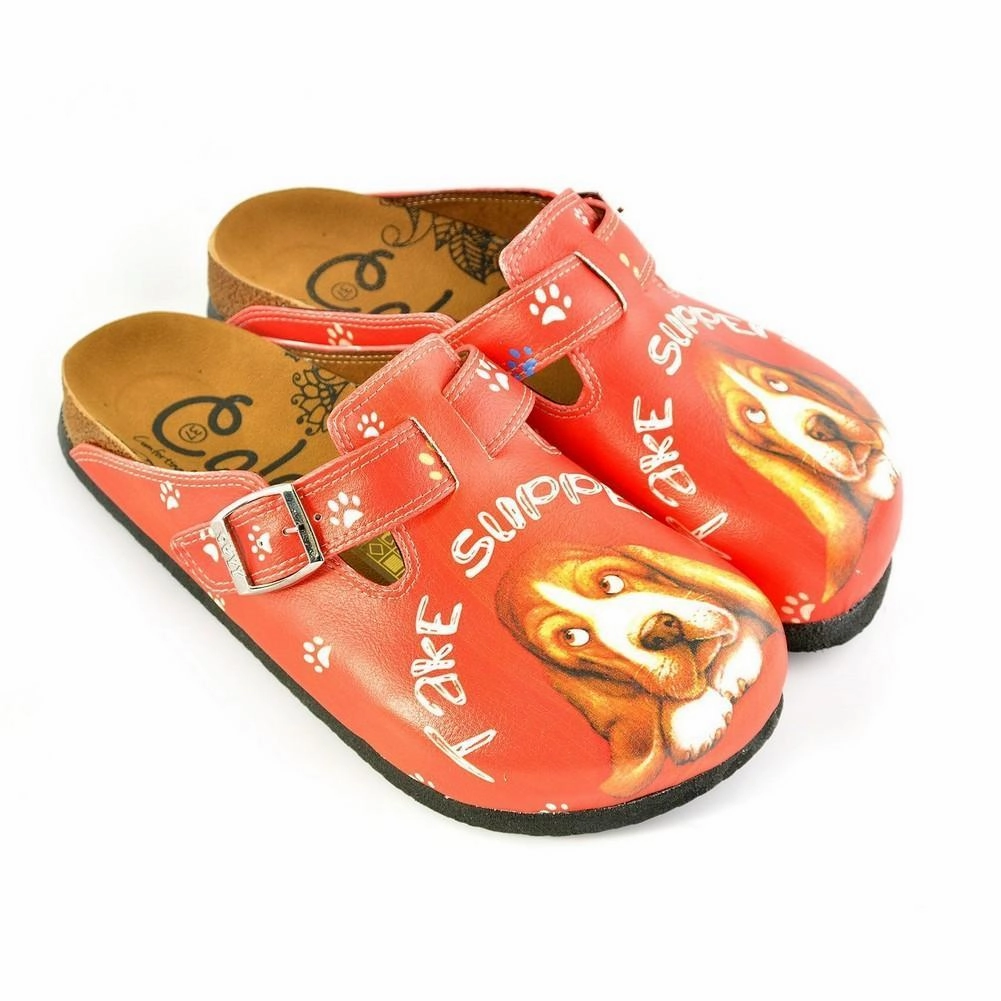 Red, White Colored and White Paw, Brown Cute Dog and Take Suppers Written Patterned Clogs - CAL349 Steelers Heels