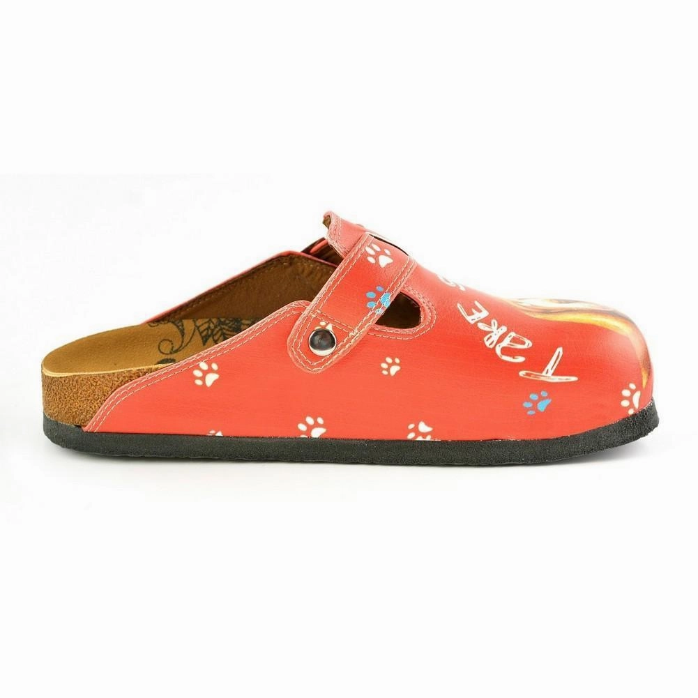 Red, White Colored and White Paw, Brown Cute Dog and Take Suppers Written Patterned Clogs - CAL349 Leather High Heel Shoes
