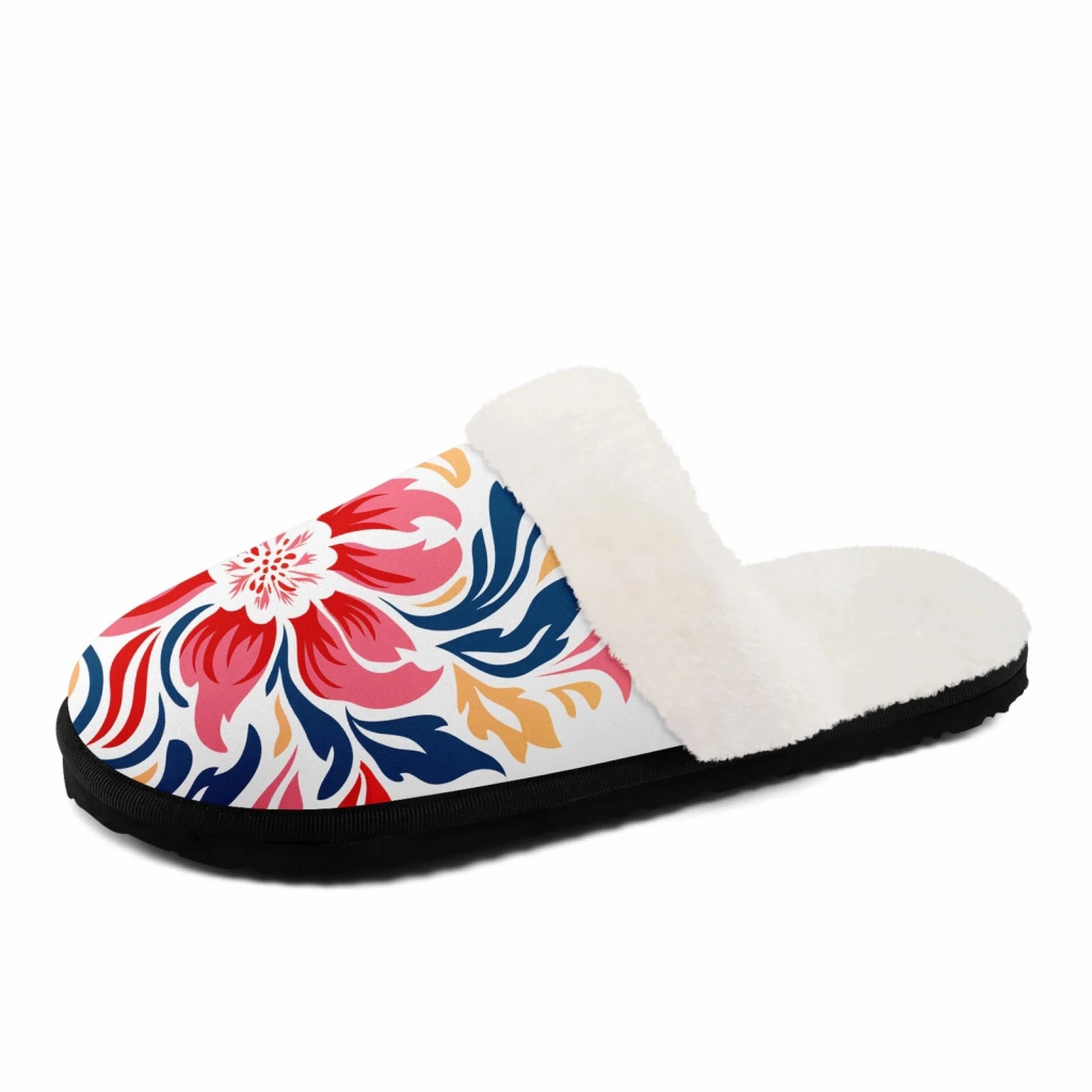 Cotton Scuff Slippers Colorful Folk Art Floral Plush Slippers, Cozy Botanical Print House Shoes FN089-25028161