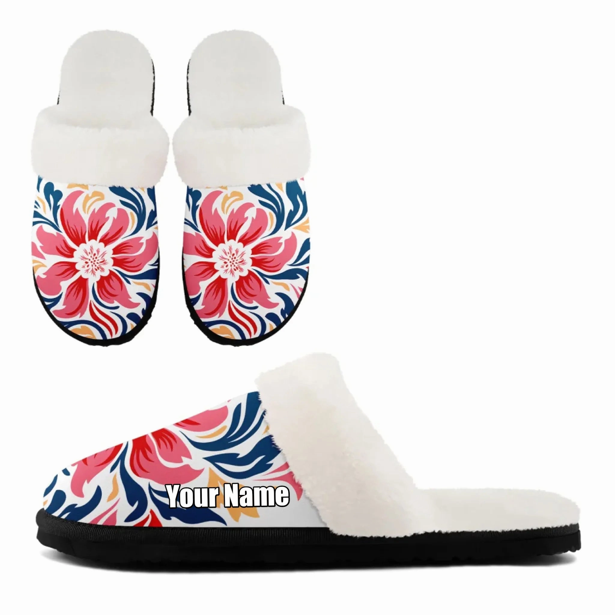 Fuzzy Bootie Slippers Colorful Folk Art Floral Plush Slippers, Cozy Botanical Print House Shoes FN089-25028161