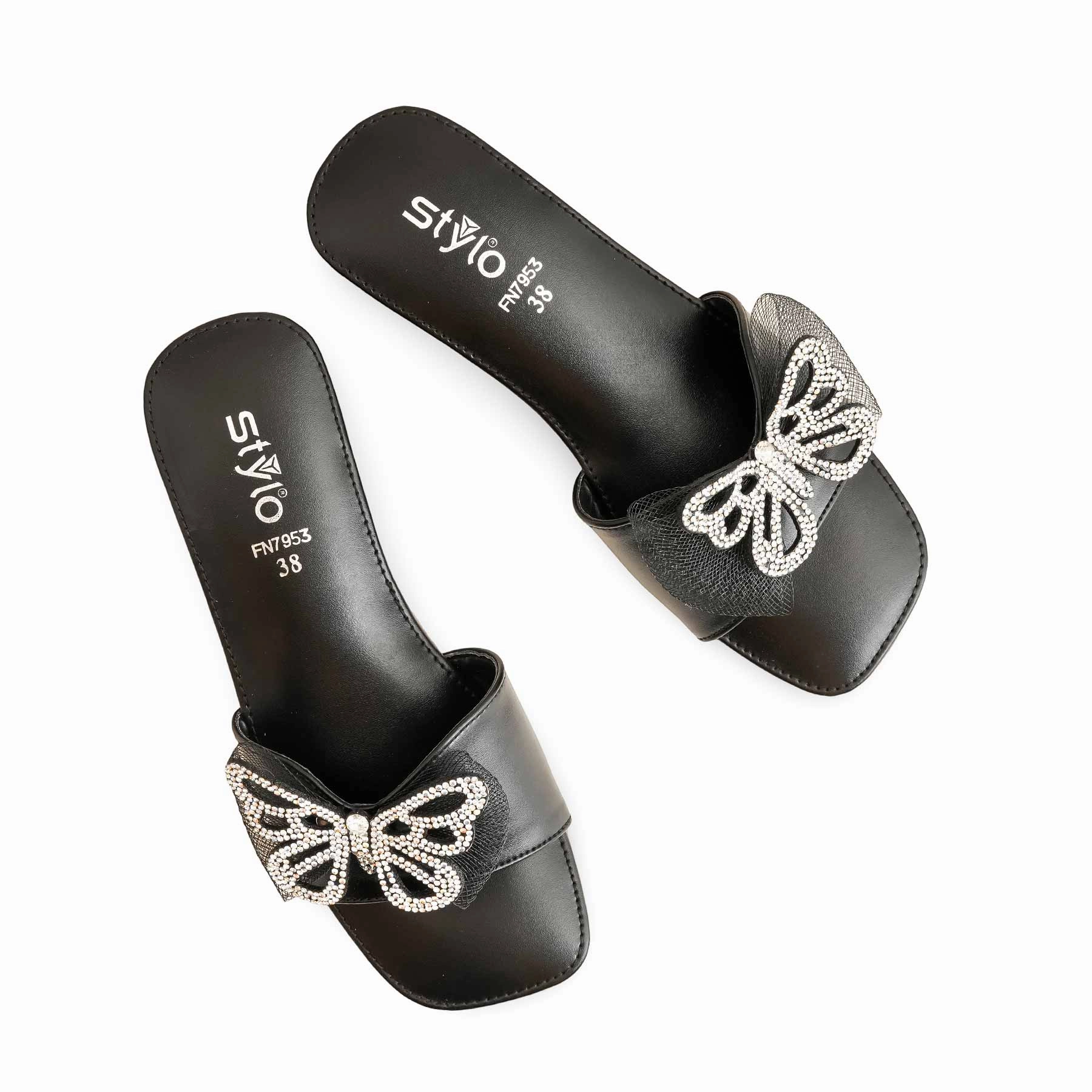 Black Fancy Women Slipper FN7953 Best Recovery Slides For Plantar Fasciitis