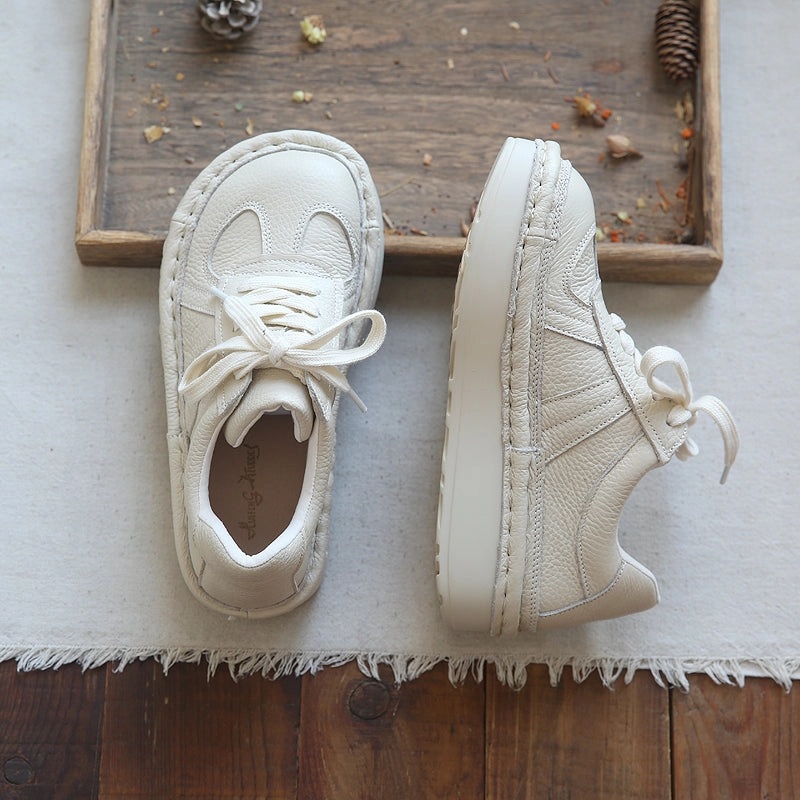 Wide Toe Box Business Casual Shoes Women Retro Patchwork Leather Thick Sole Casual Shoes