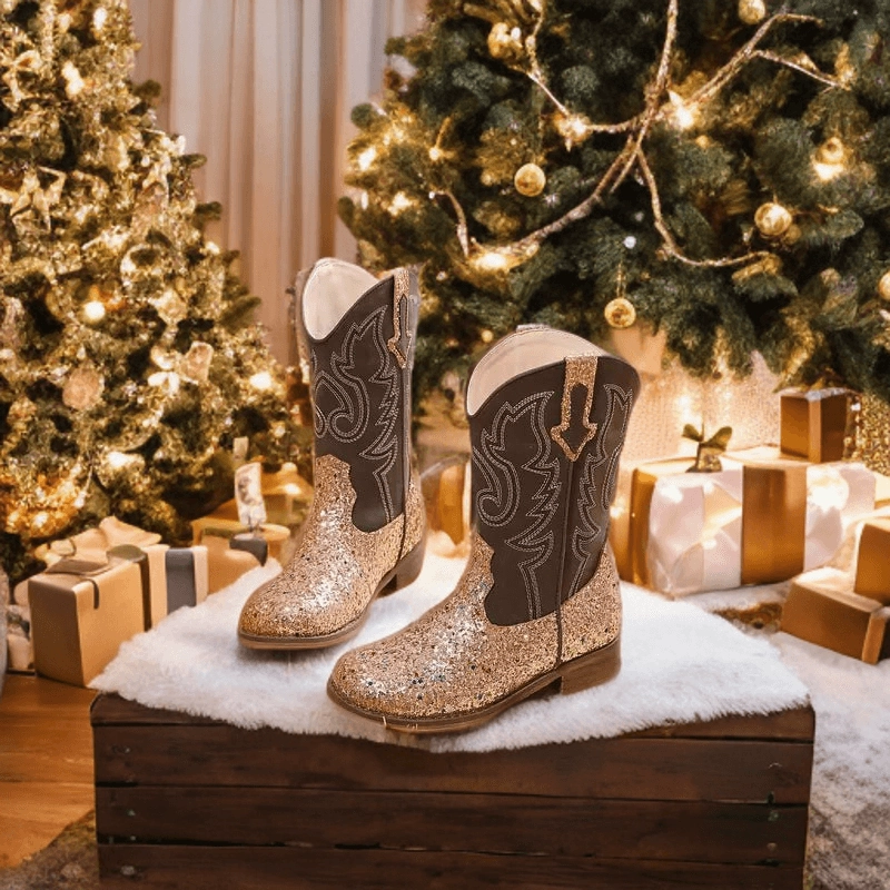 Shimmering Square Toe Glitter Cowgirl Boots for Girls Over The Knee Cowgirl Boots