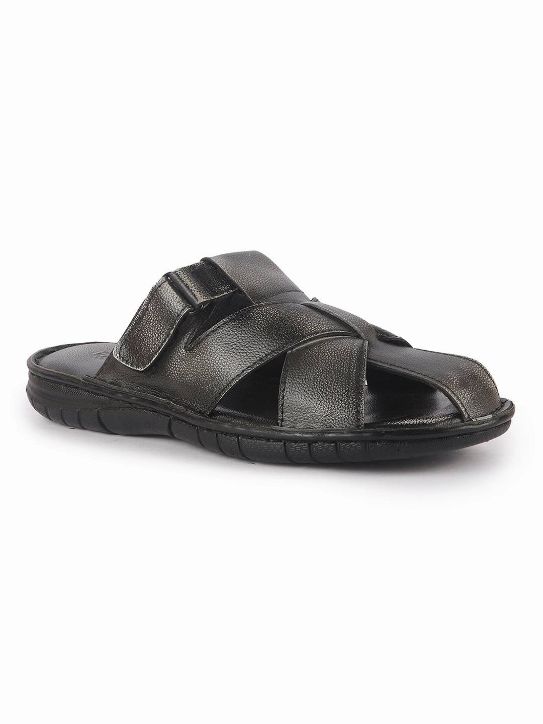 Sandals Cork Men Black Genuine Leather Multi Strap Closed Toe Broad Feet Slip On Slippers with Adjustable Strap|Fishermen Sandals with Cushioned Footbed For Comfort|Anti Skid Lightweight Sole