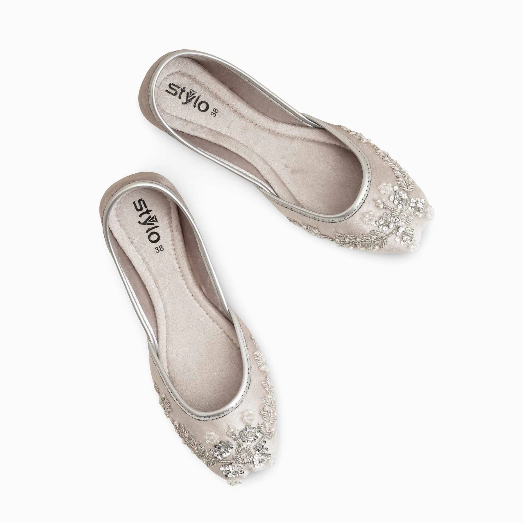 Flat Shoes With Fur Silver Women Fancy Khusa EC8547
