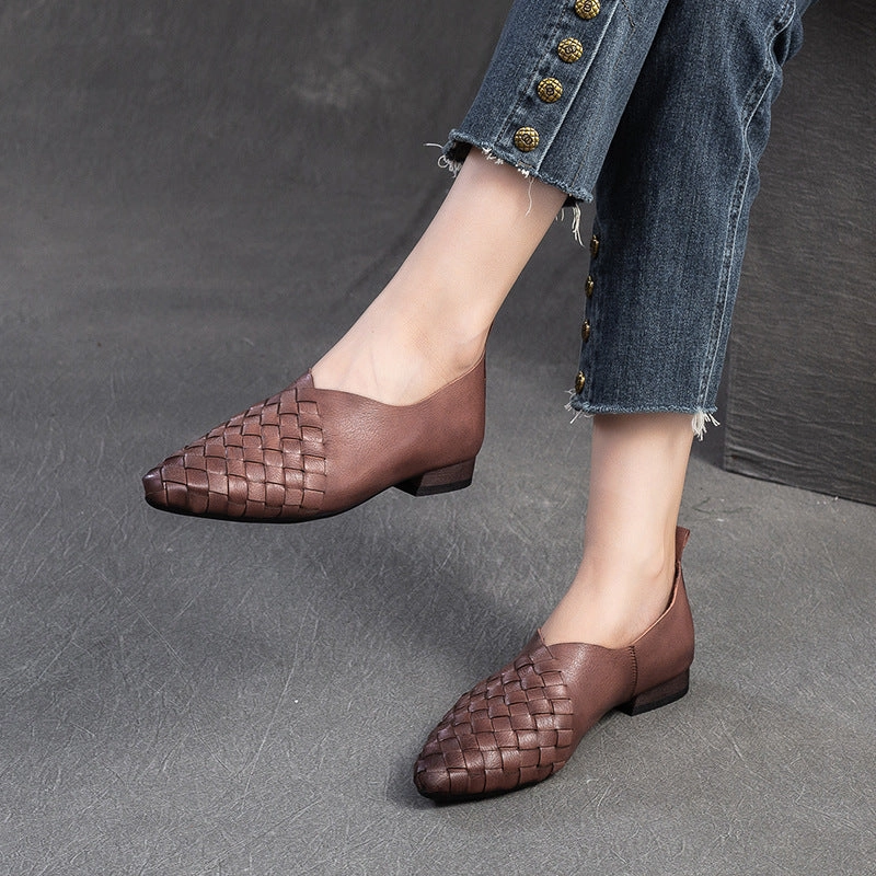 Women Retro Soft Plaited Leather Pointed-Toe Casual Shoes Casual Shoes For Women