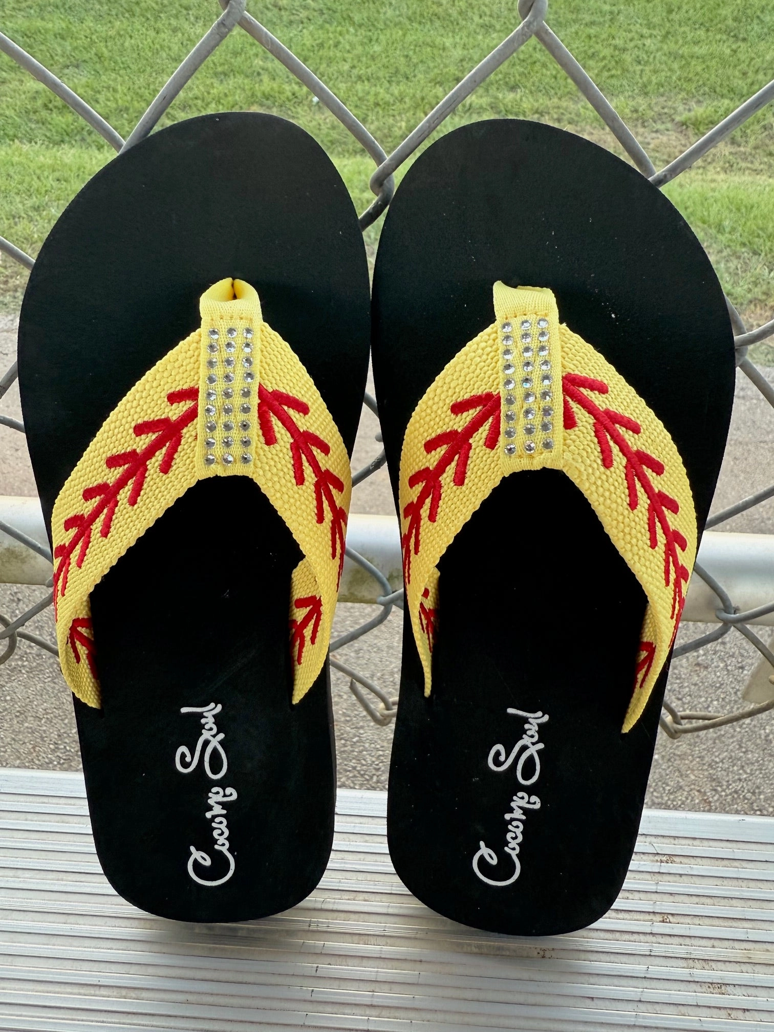 Printed Flip Flops Softball Rhinestone Embroidered Flip Flops Softball Mom Flip Flops Softball Slippers COCOMO SOUL