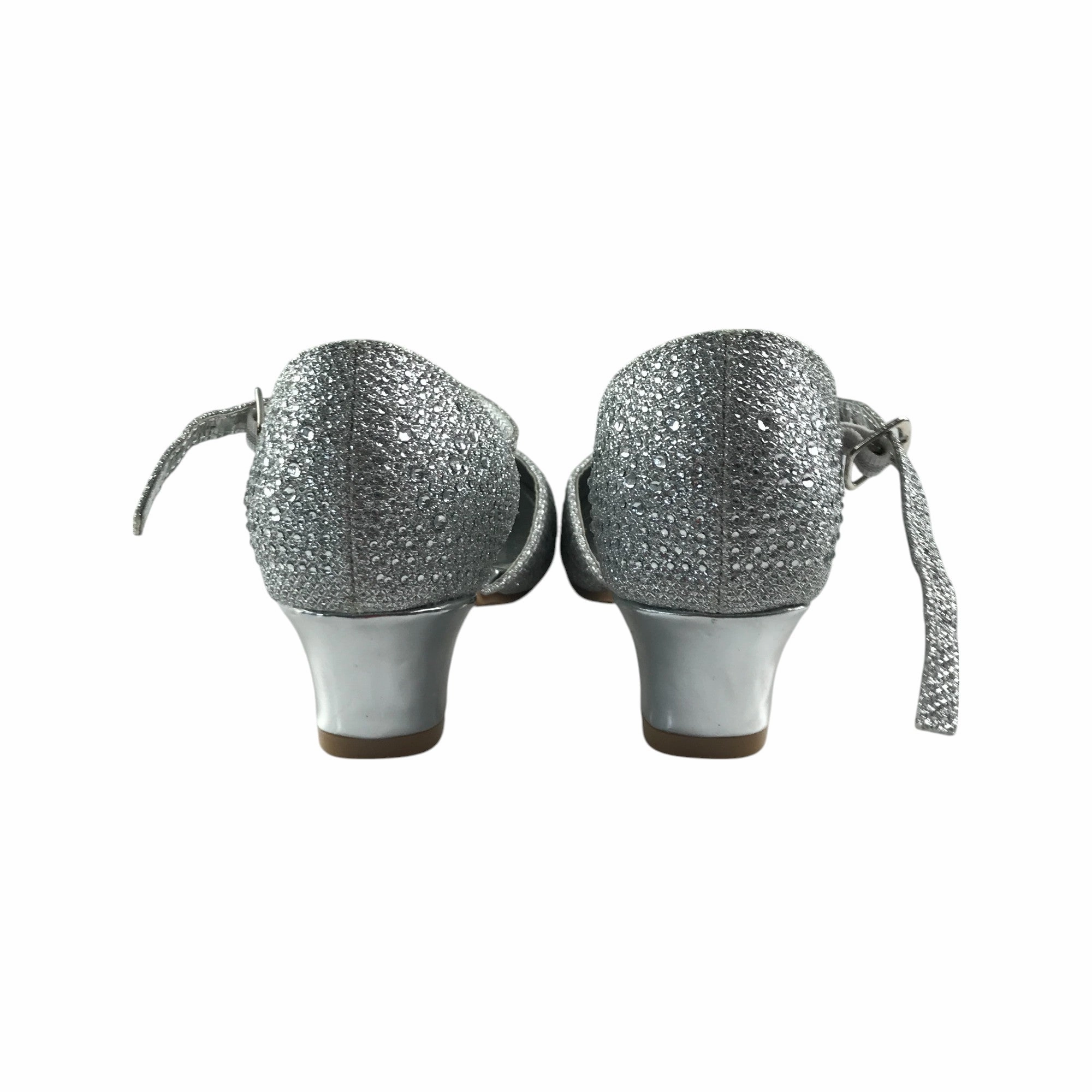 J Crew Factory Sandals Spot on heels shoe size UK 13 junior silver sparkly gem covered two part kitten heel sandals