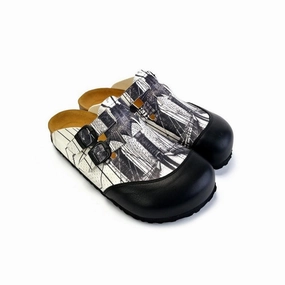 Black and White, Brooklyn Bridge Patterned Clogs - CAL1702 High Heels Low Life