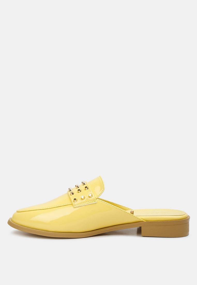 Party Outfit With Flat Shoes YASHTA Yellow Patent Studded Flat Mules