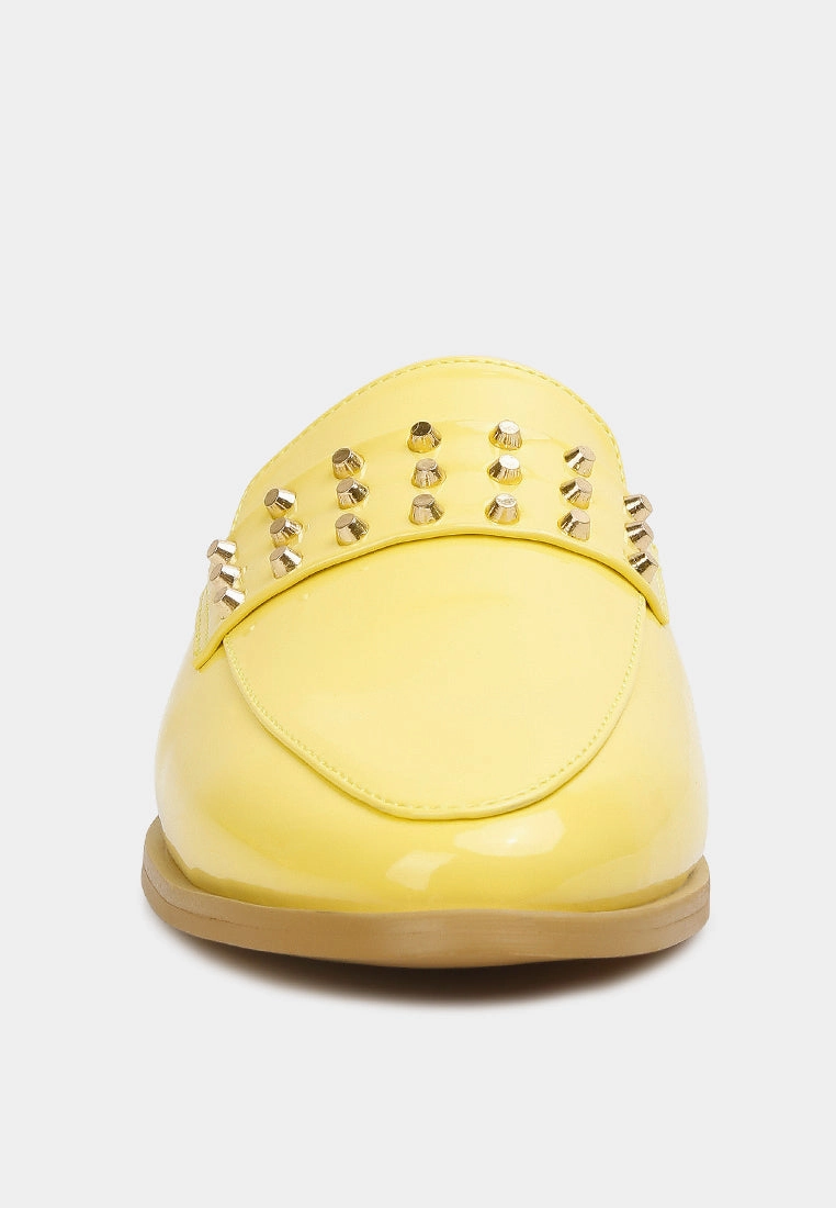 Hot Cakes Flat Shoes YASHTA Yellow Patent Studded Flat Mules