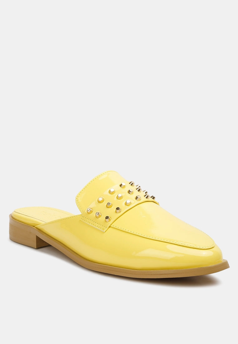 YASHTA Yellow Patent Studded Flat Mules Patagonia Flat Shoes